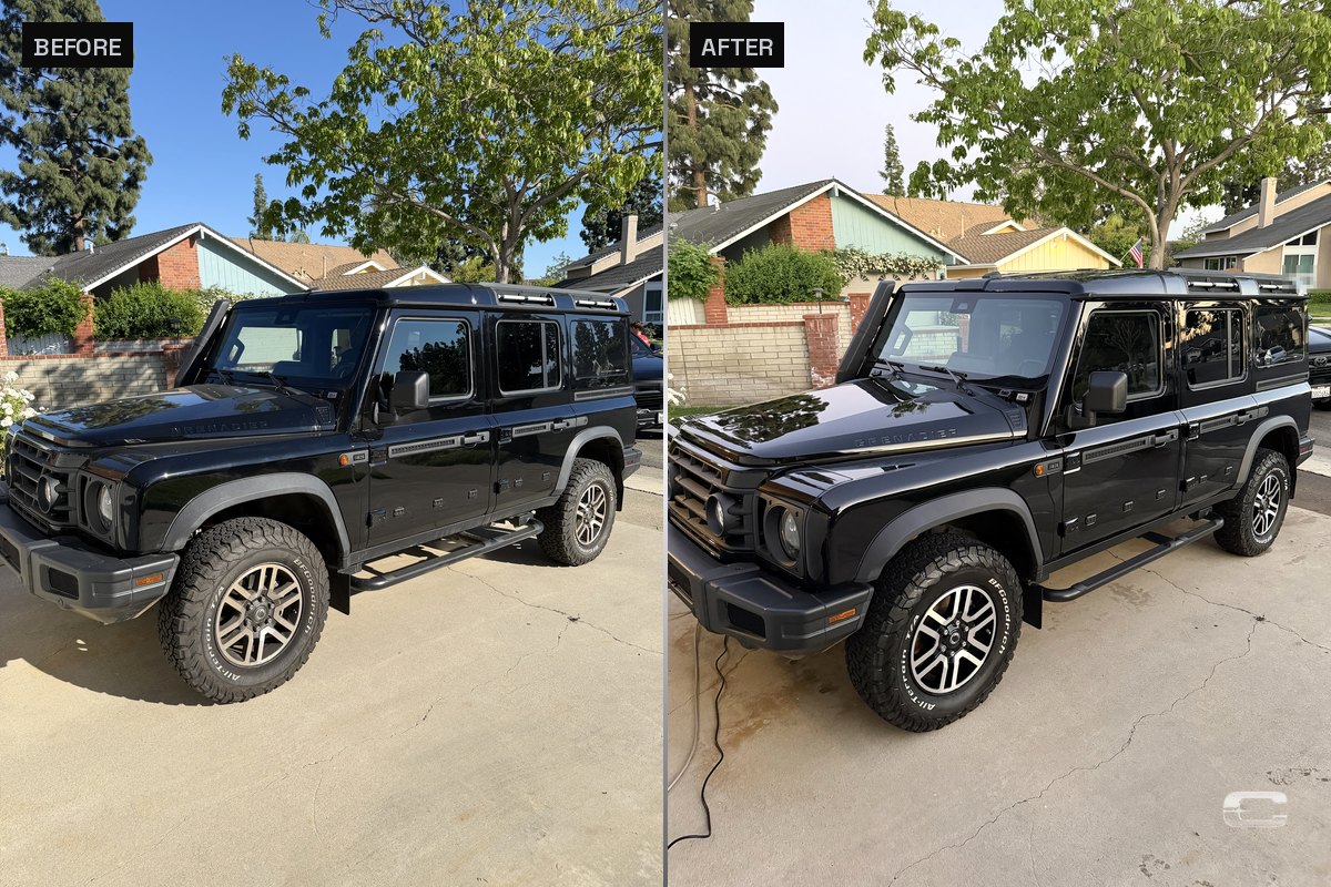 Ineos Grenadier before and after detailing, full vehicle both frames